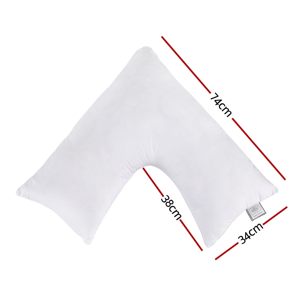 White V-shaped nursing body cushion, approx 74x38x34 cm dimensions.