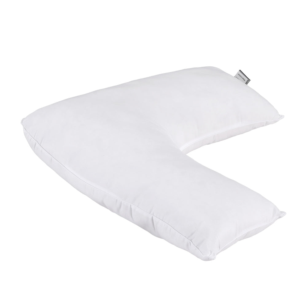 White V-shaped nursing body cushion with stitched edges and visible care label.