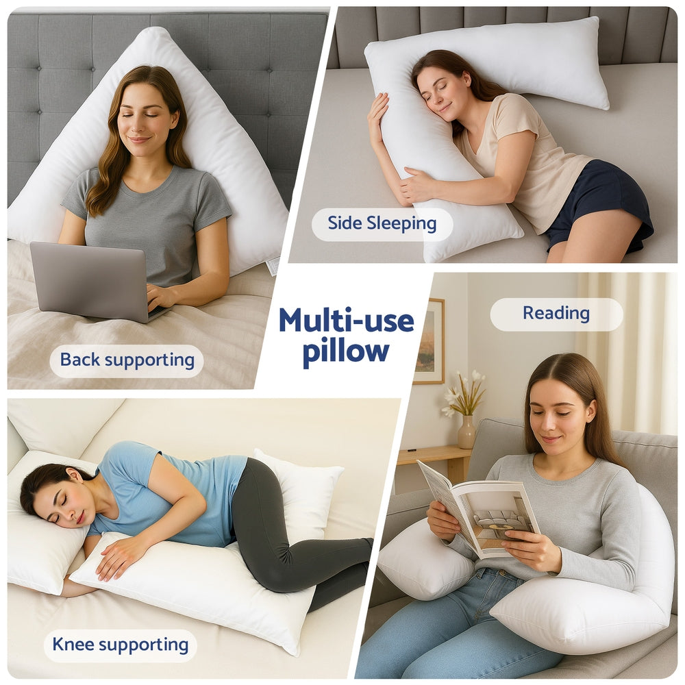 White V-shaped nursing body cushion shown in multiple support positions.