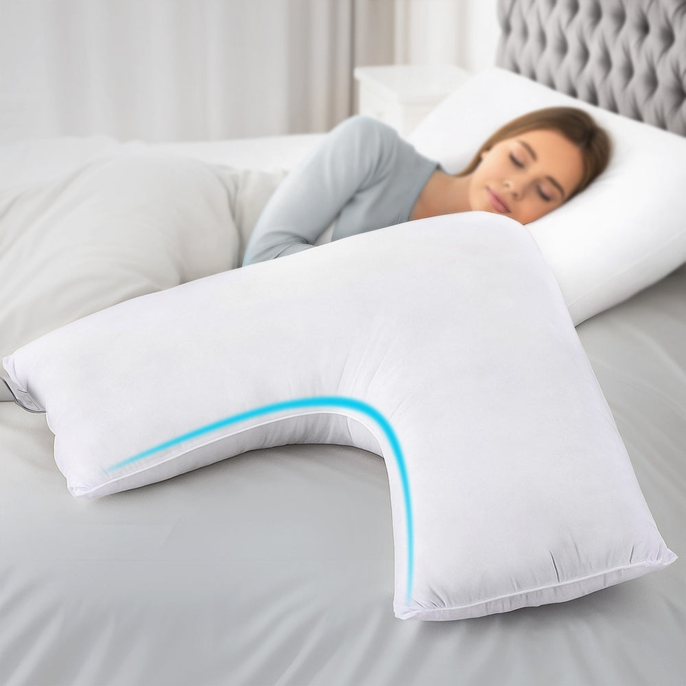 White V-shaped nursing body cushion with blue edge piping along the cutout.