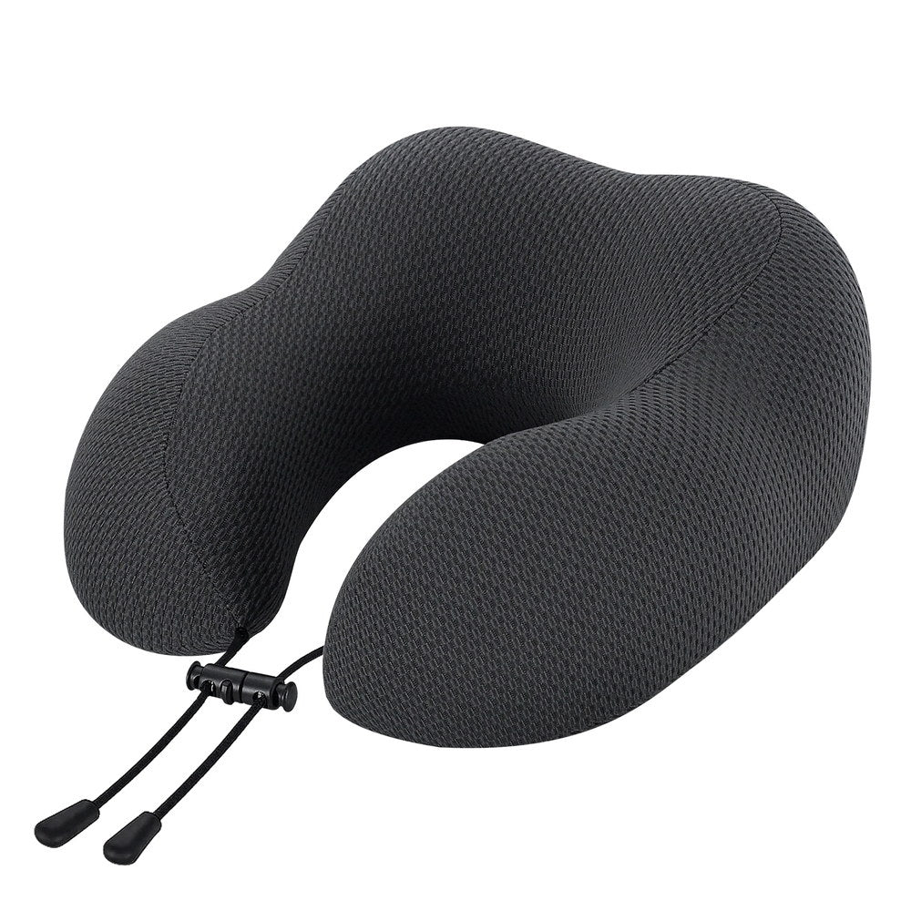 U-shaped travel neck pillow in dark gray with adjustable rope straps