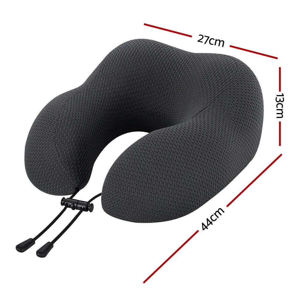 Dark gray U-shaped neck pillow with adjustable rope lock and draw cords