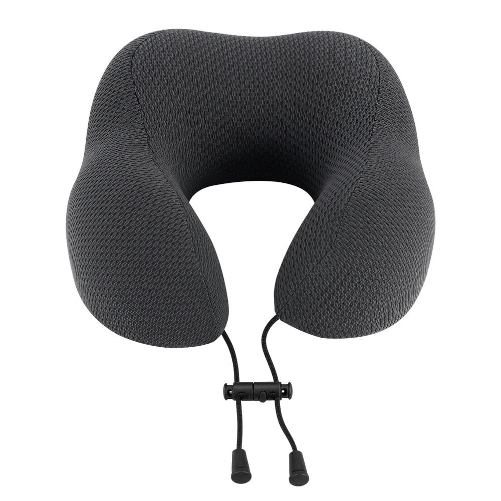 Dark gray U-shaped memory foam neck pillow with hanging strap fasteners