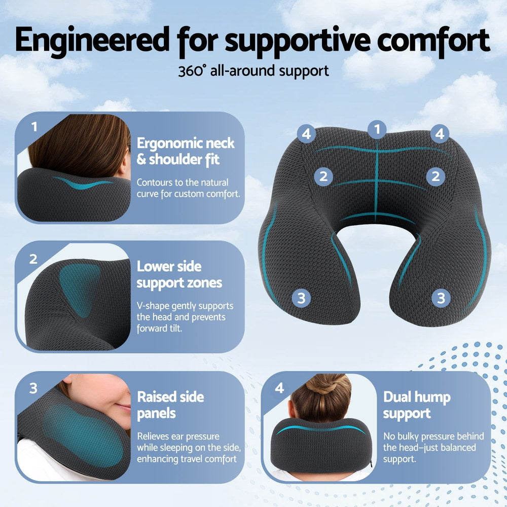 Dark gray U-shaped travel neck pillow with textured fabric and rope fasteners