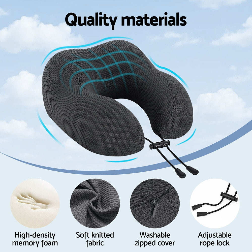 Dark gray U-shaped neck pillow with zippered cover and adjustable rope lock