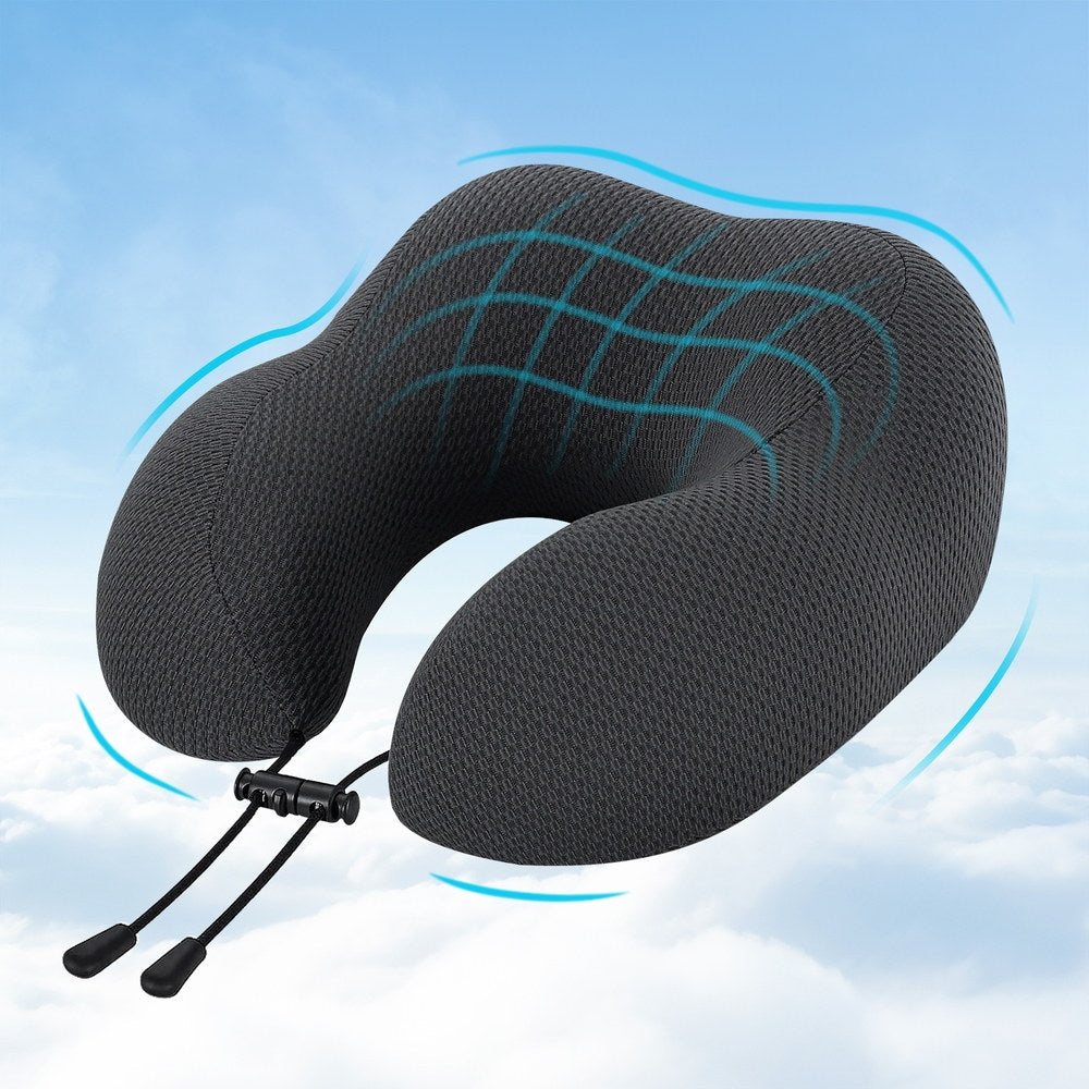 Dark gray U-shaped travel neck pillow with contoured support and rope lock