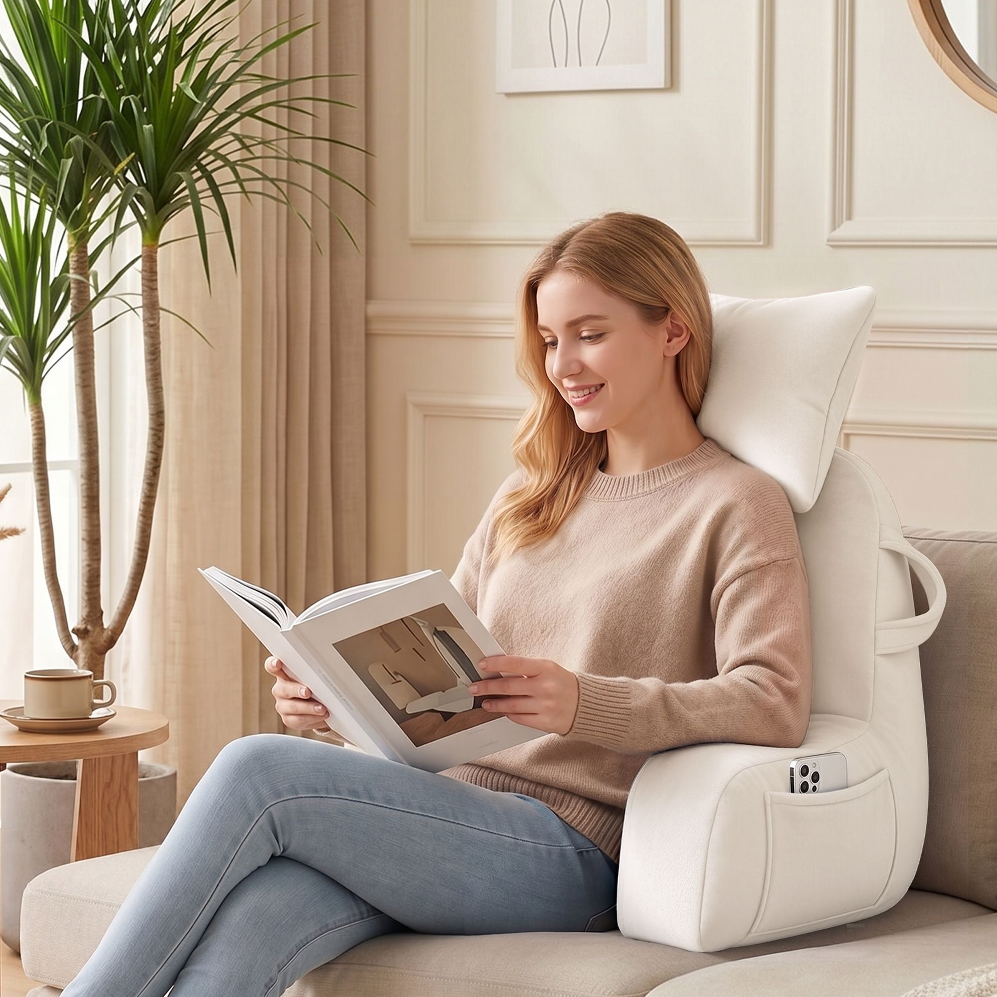 Light beige reading pillow with detachable neck roll and padded armrests for support