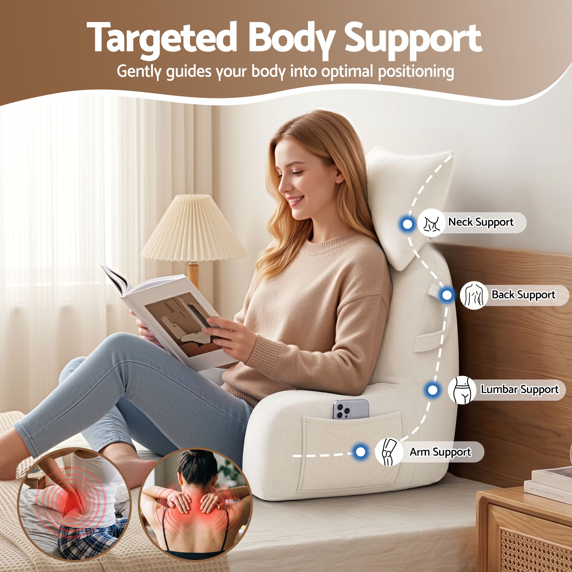 Light beige sit-up reading pillow with neck, back, lumbar and arm support sections