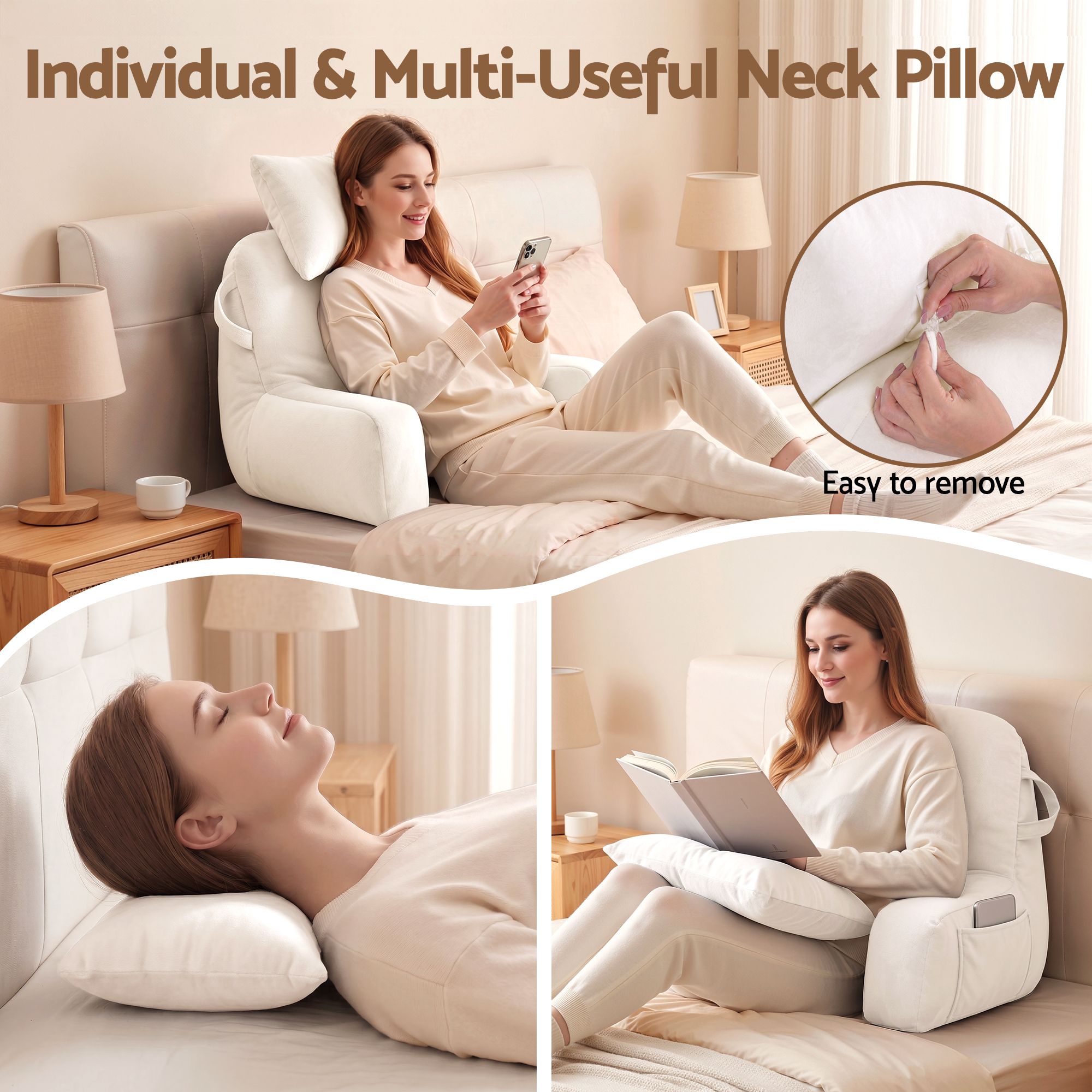 Light beige reading pillow with removable neck cushion and supportive armrests