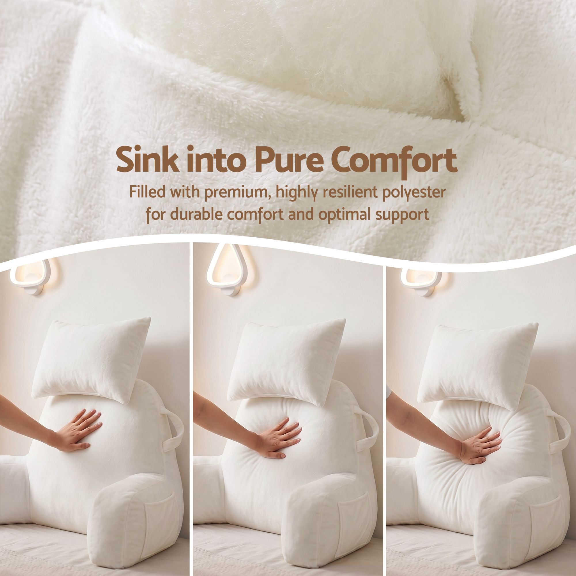 Light beige plush reading pillow with neck roll and armrest cushions