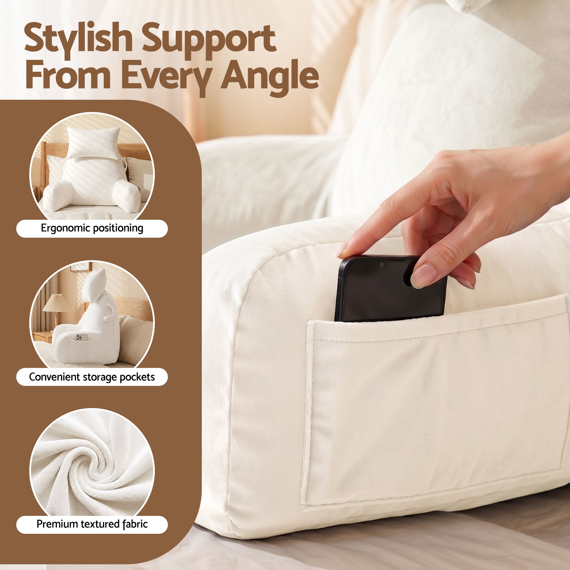 Light beige reading pillow with storage pocket and padded armrest ends