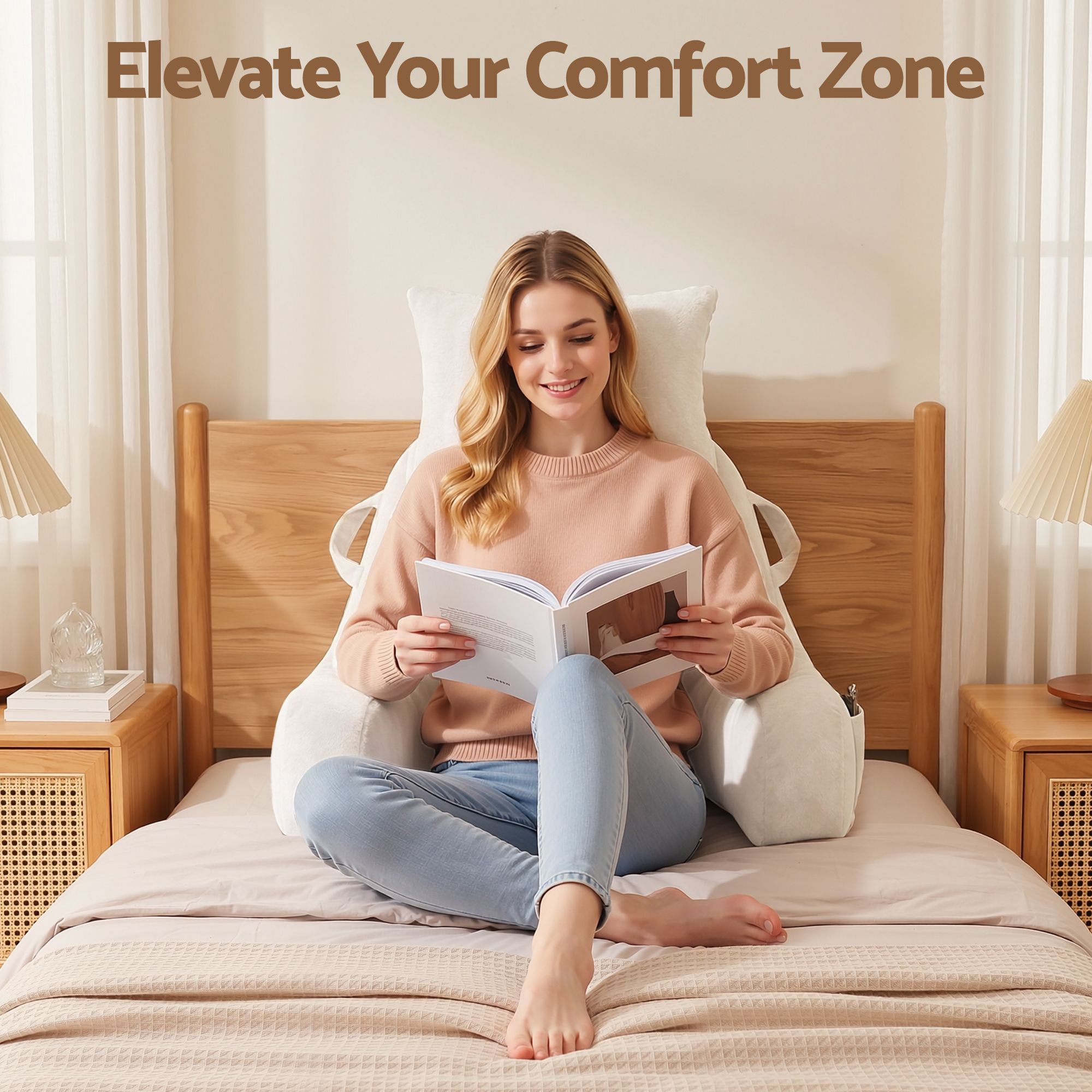 Light beige sit-up reading pillow with neck roll and side armrest supports