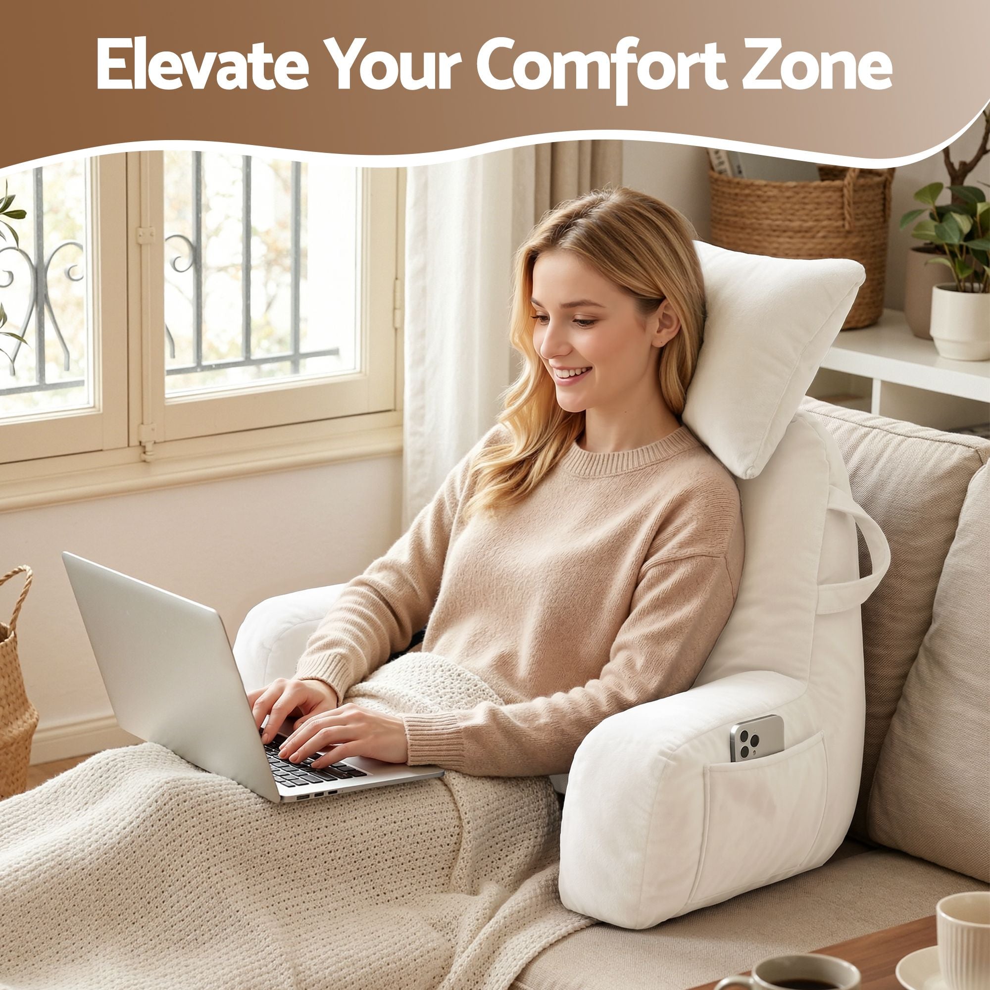 Light beige reading pillow with detachable neck roll and built-in armrest cushions