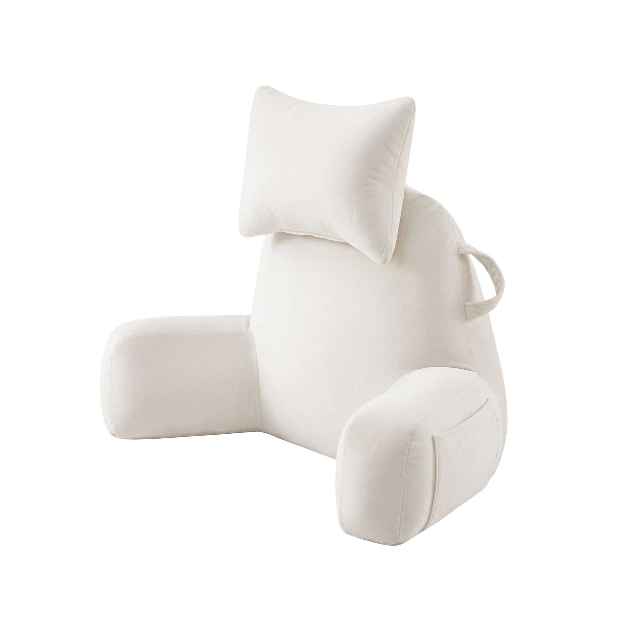 Light beige reading pillow with tall back support, neck cushion, and side armrests