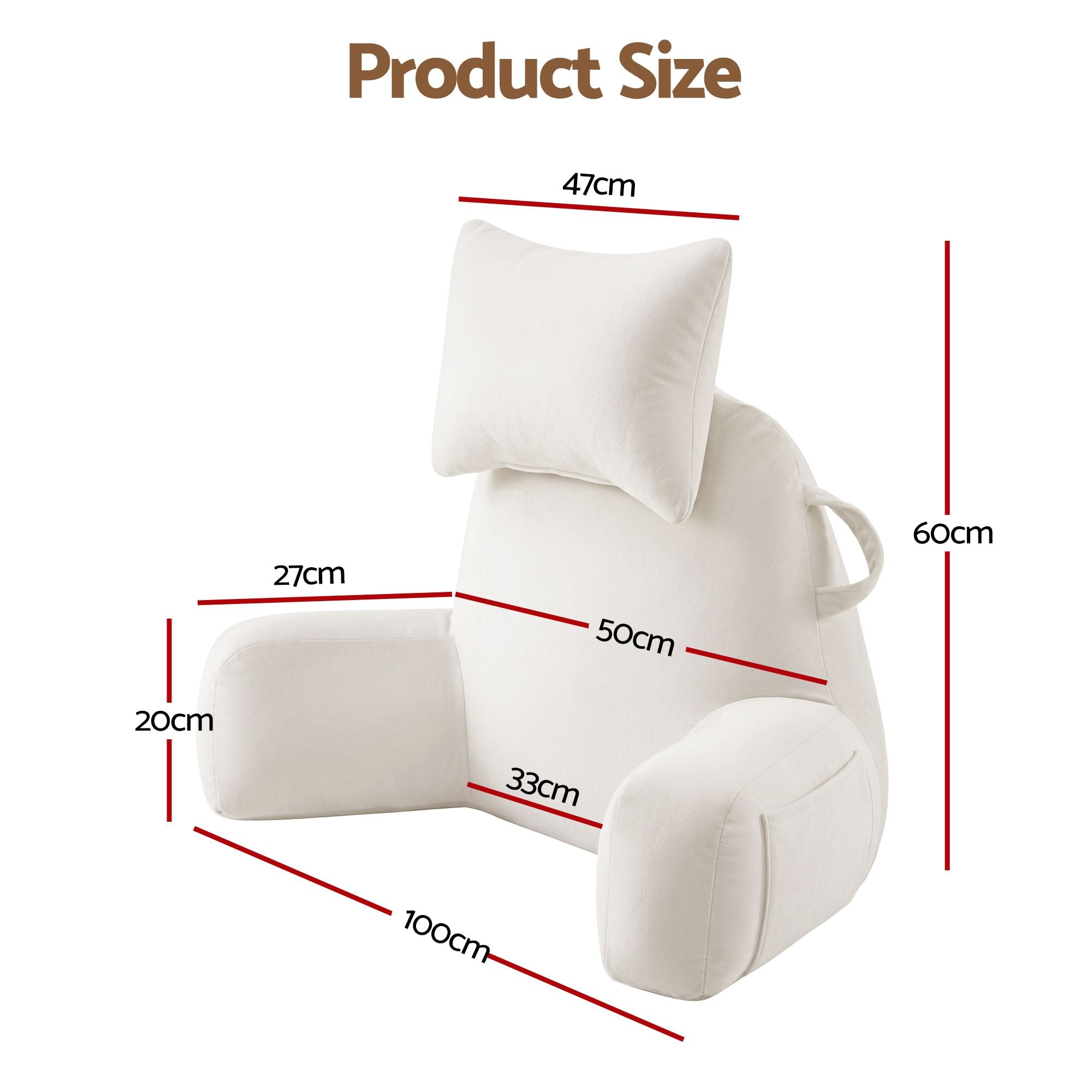 Reading pillow product size diagram with red measurement lines and neck cushion