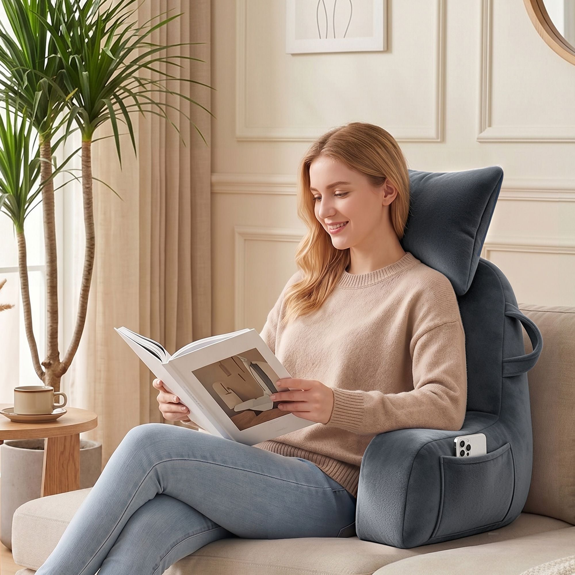 Gray sit-up reading pillow with raised backrest, neck roll, and attached armrests