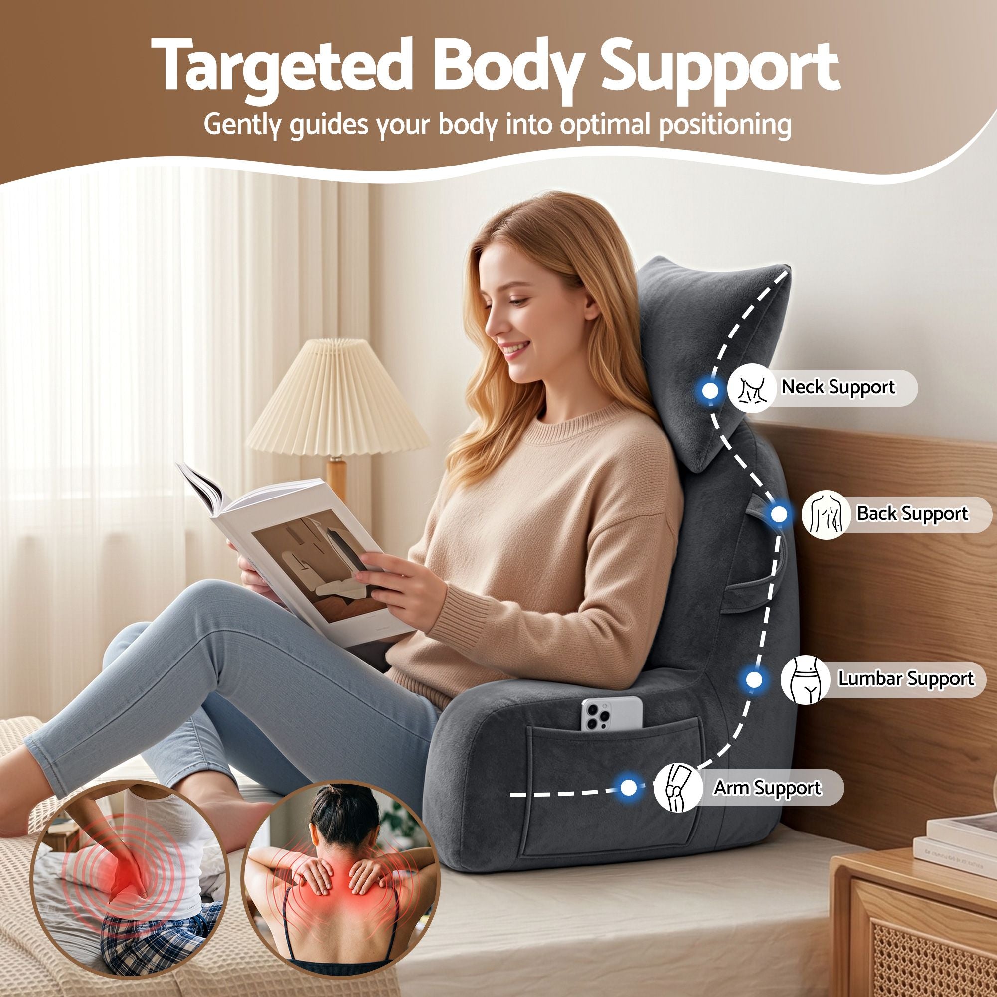 Gray lounge support pillow with neck, back, lumbar, and armrest padding for sitting