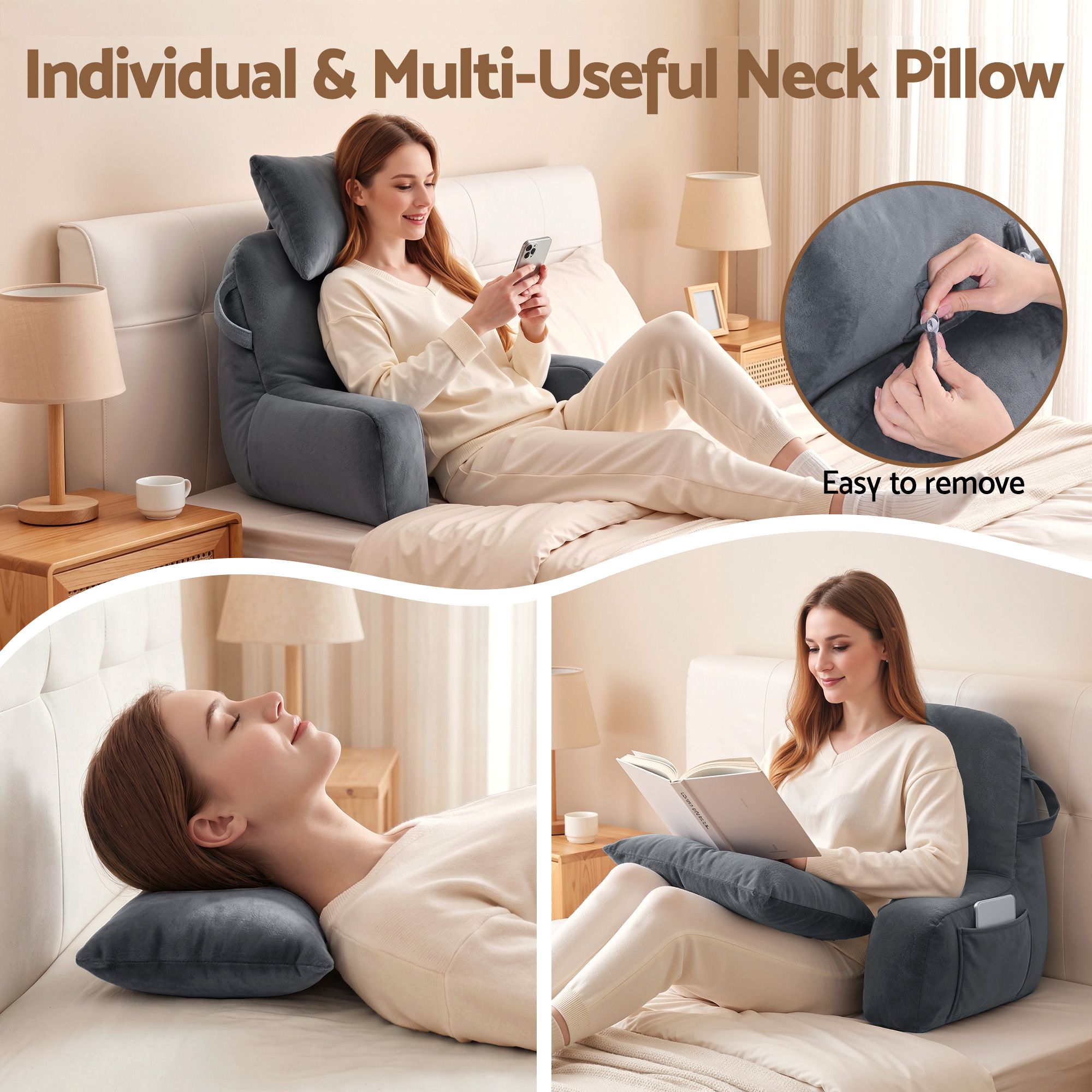 Gray multipurpose sit-up pillow with neck support and removable neck roll on headboard