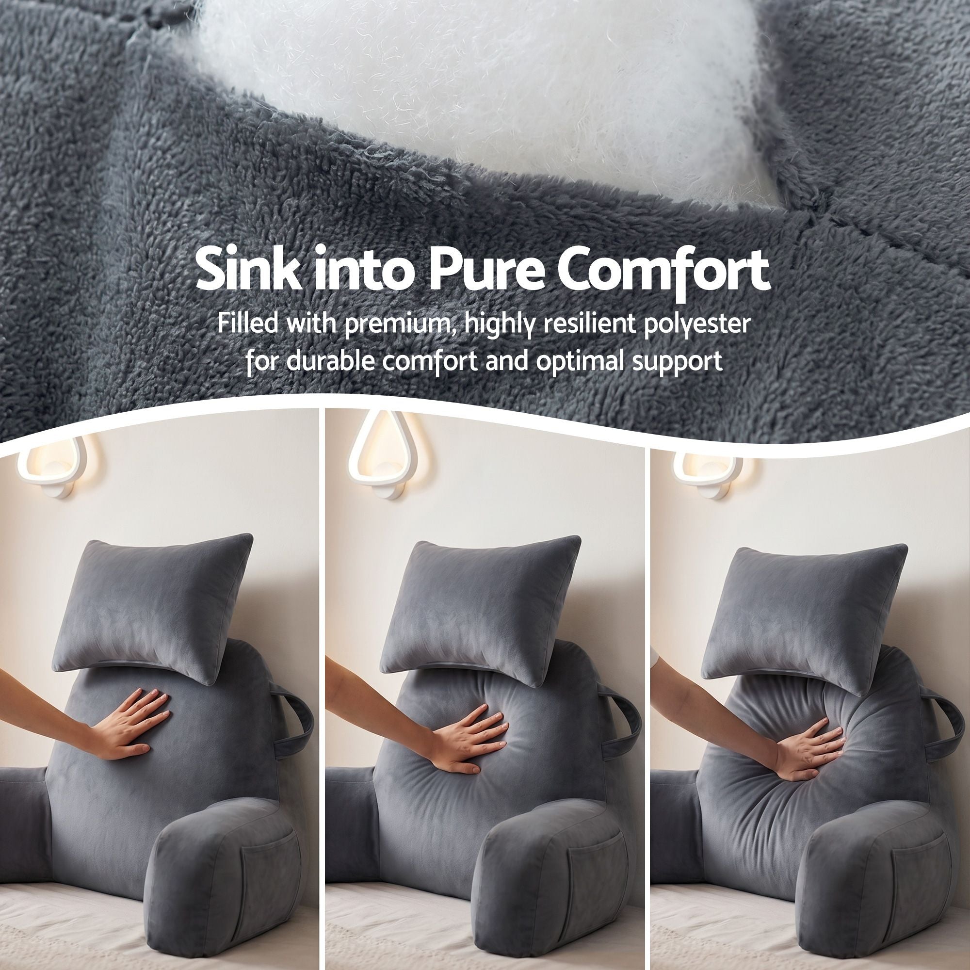 Gray padded sit-up pillow with supportive back and neck roll, showing plush fabric