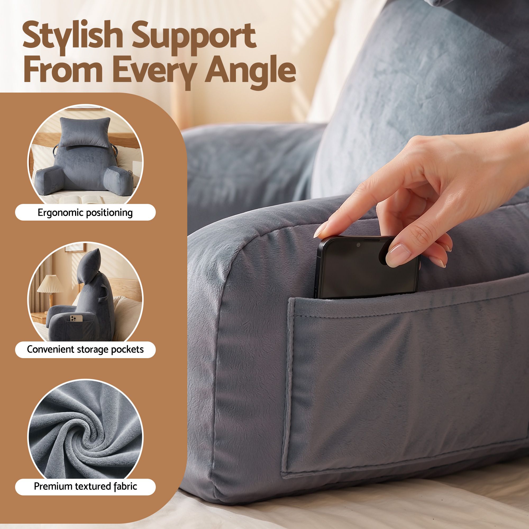 Gray reading pillow with textured fabric, side storage pocket, and padded armrests