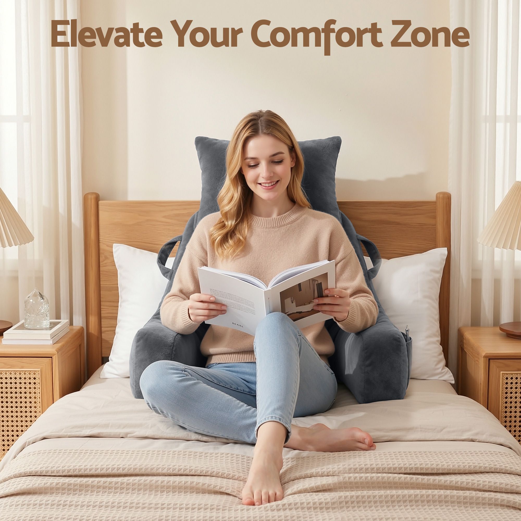 Gray sit-up pillow for bed with neck roll and side armrests supporting relaxed reading
