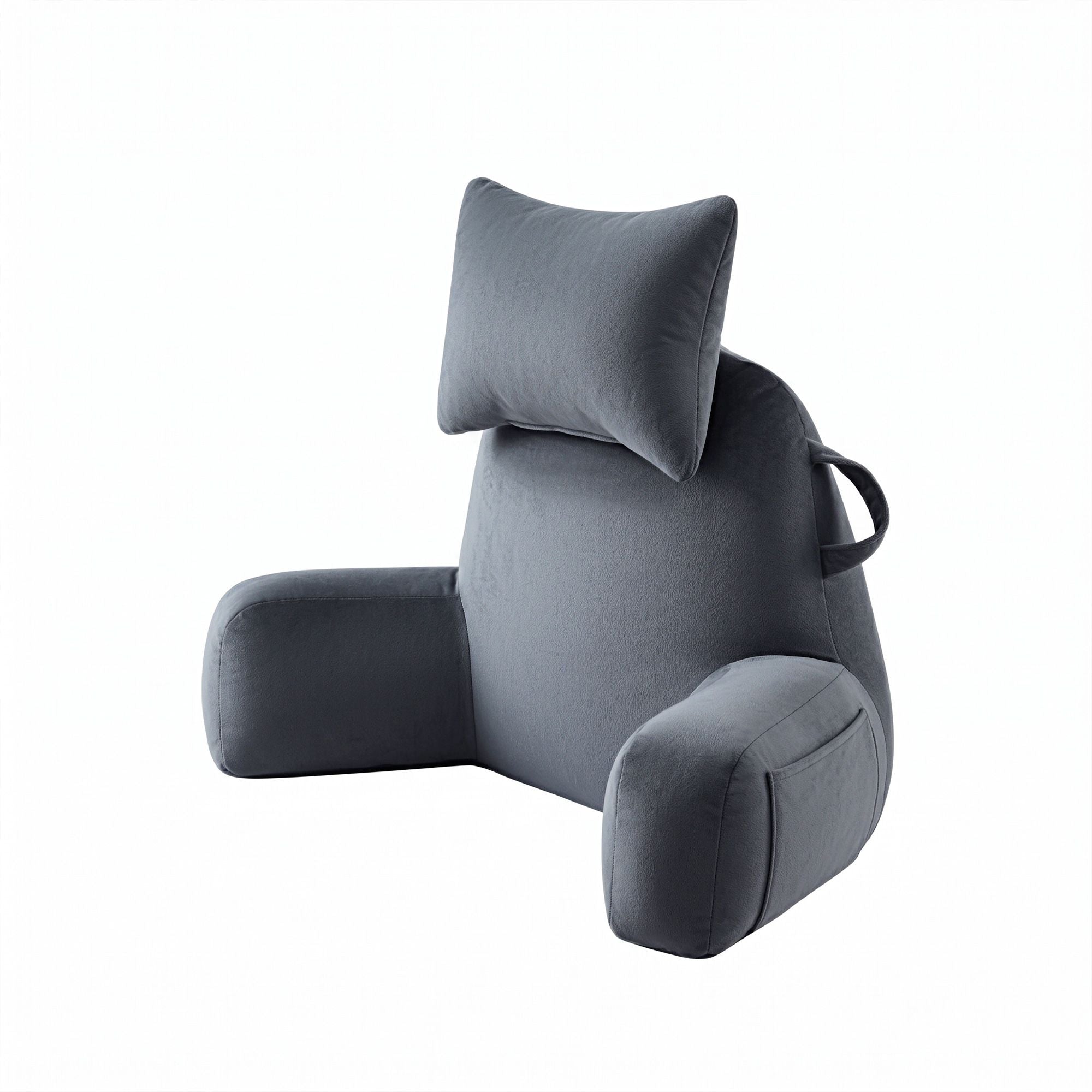 Gray ergonomic sit-up pillow with tall head support, neck roll, and side armrest bolsters