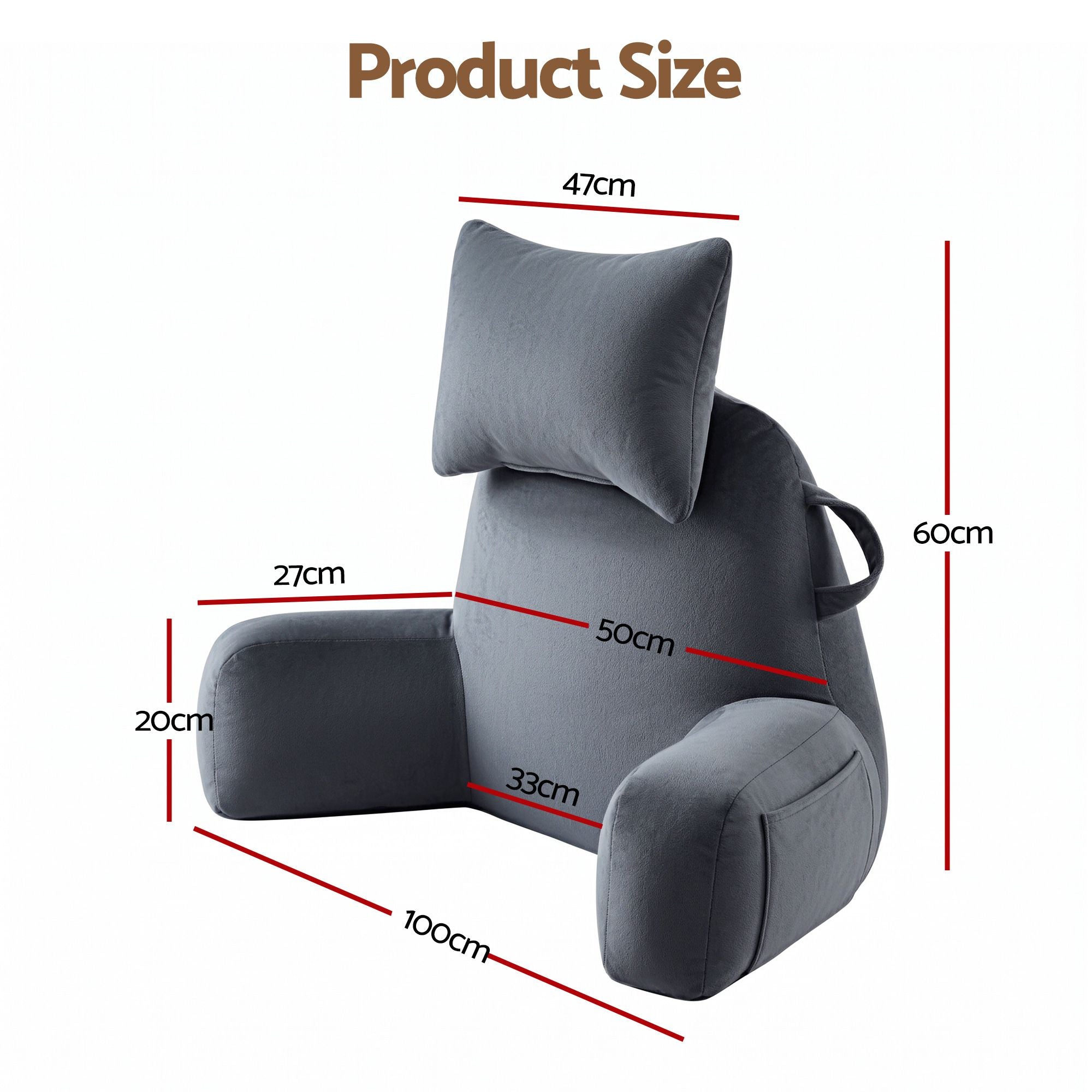 Gray sit-up pillow product size diagram with measurements and padded neck roll