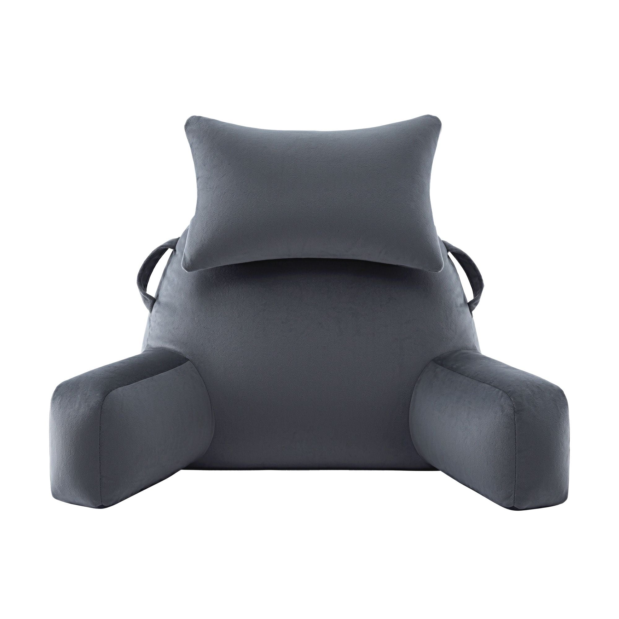 Gray sit-up back support pillow with square headrest and curved armrest bolsters