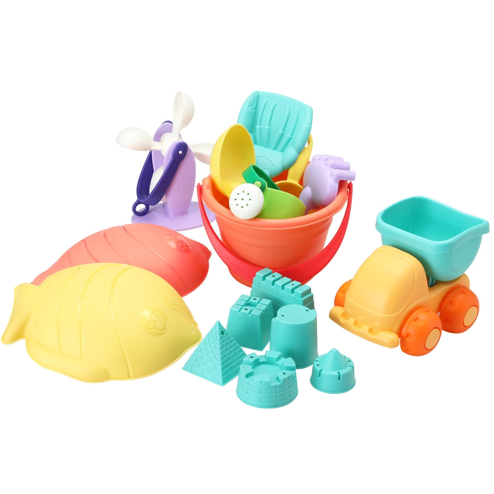Kids sand play tool kit with colorful buckets, shovels, windmill and molds