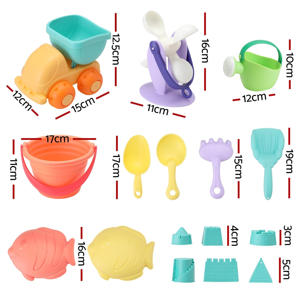 Kids sand play tool kit set with buckets, windmill, shovels and shell molds