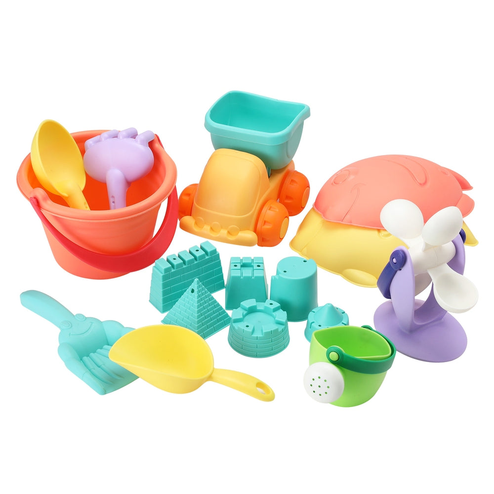 Kids sand play tool kit with orange bucket, teal molds, windmill, and shovels