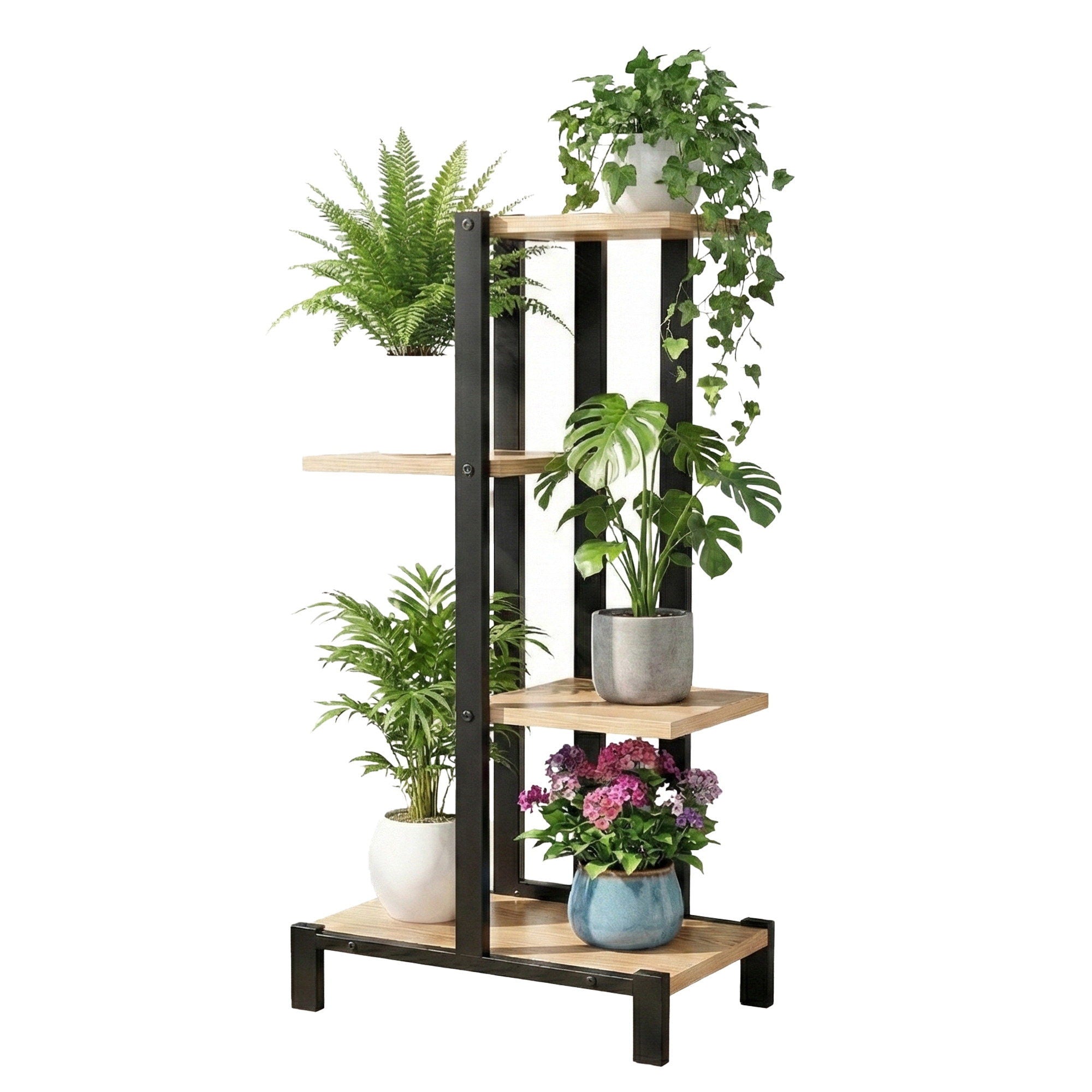 4-tier plant stand with wood shelves and black metal frame holding potted plants