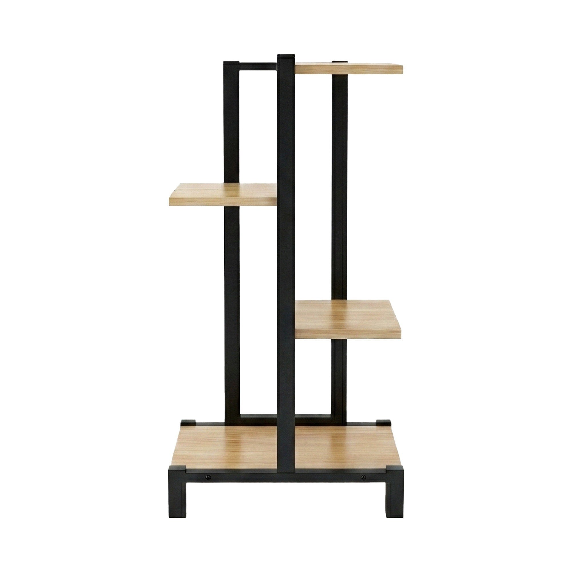 4-tier plant stand with black metal legs and light wood shelves, empty