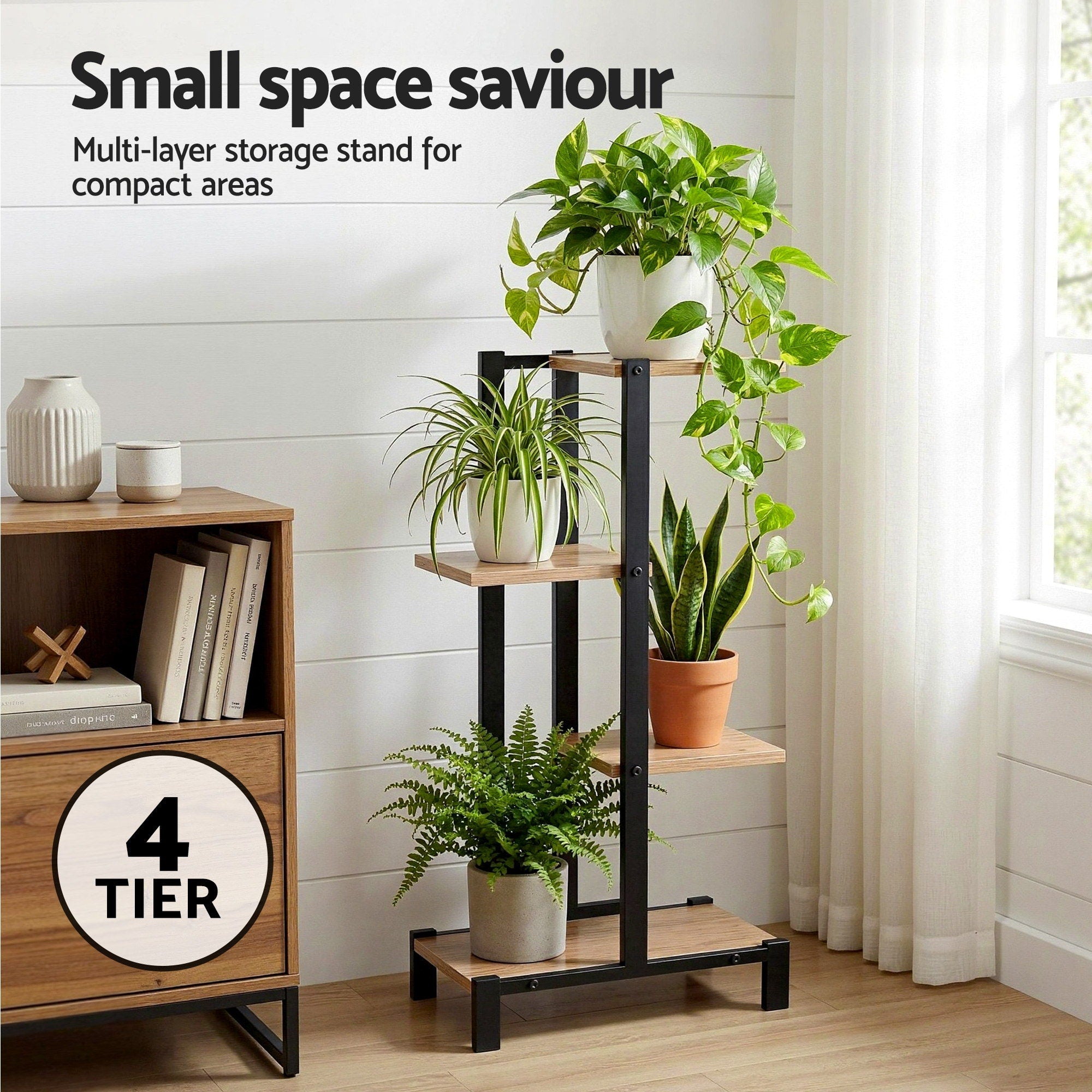 4-tier plant stand with wood shelves and black frame holding potted greenery