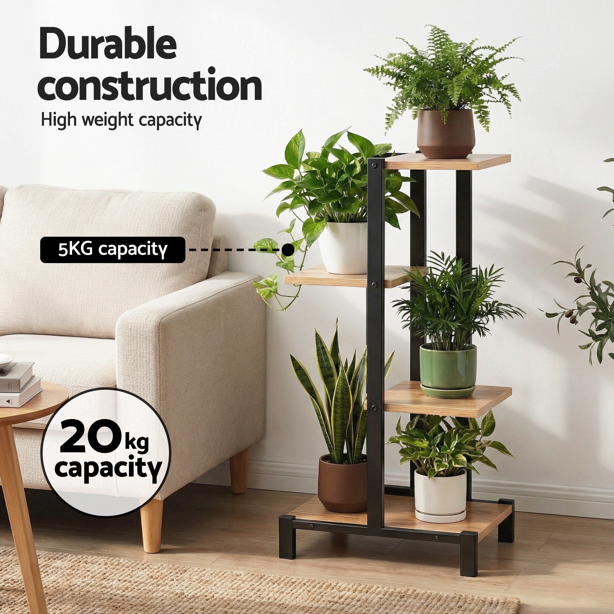 4-tier plant stand with black frame and light wood shelves, displaying potted plants
