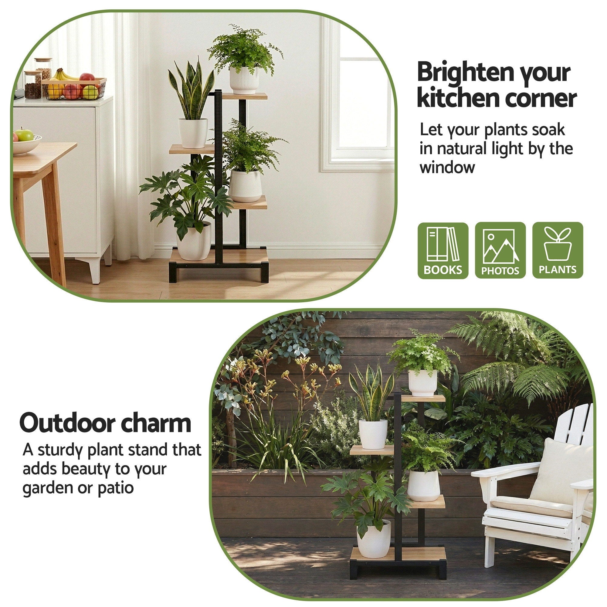 4-tier plant stand with black frame and light wood shelves for potted plants