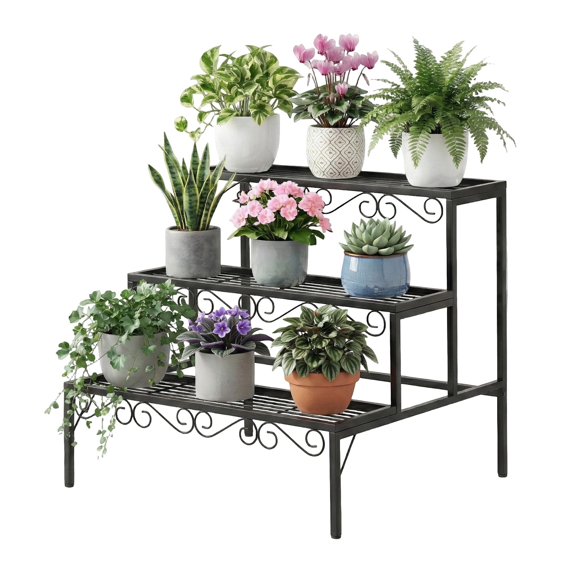 Black 3-tier metal plant shelf with scrollwork side frame, styled with potted plants