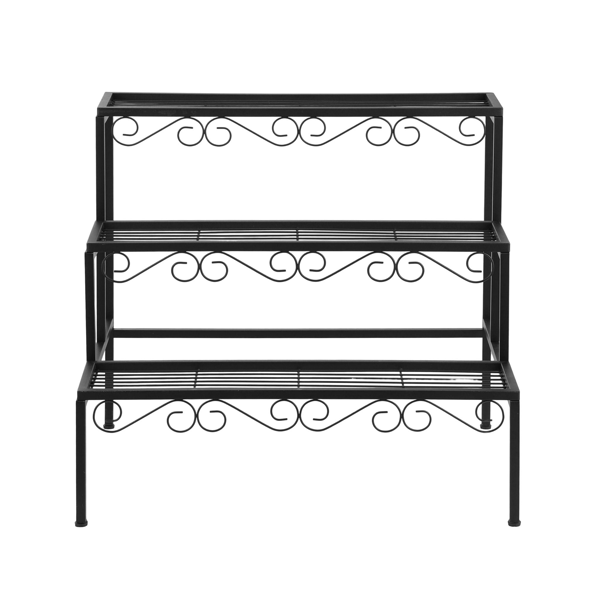 Black 3-tier metal plant shelf with ornate scrollwork front, empty shelves