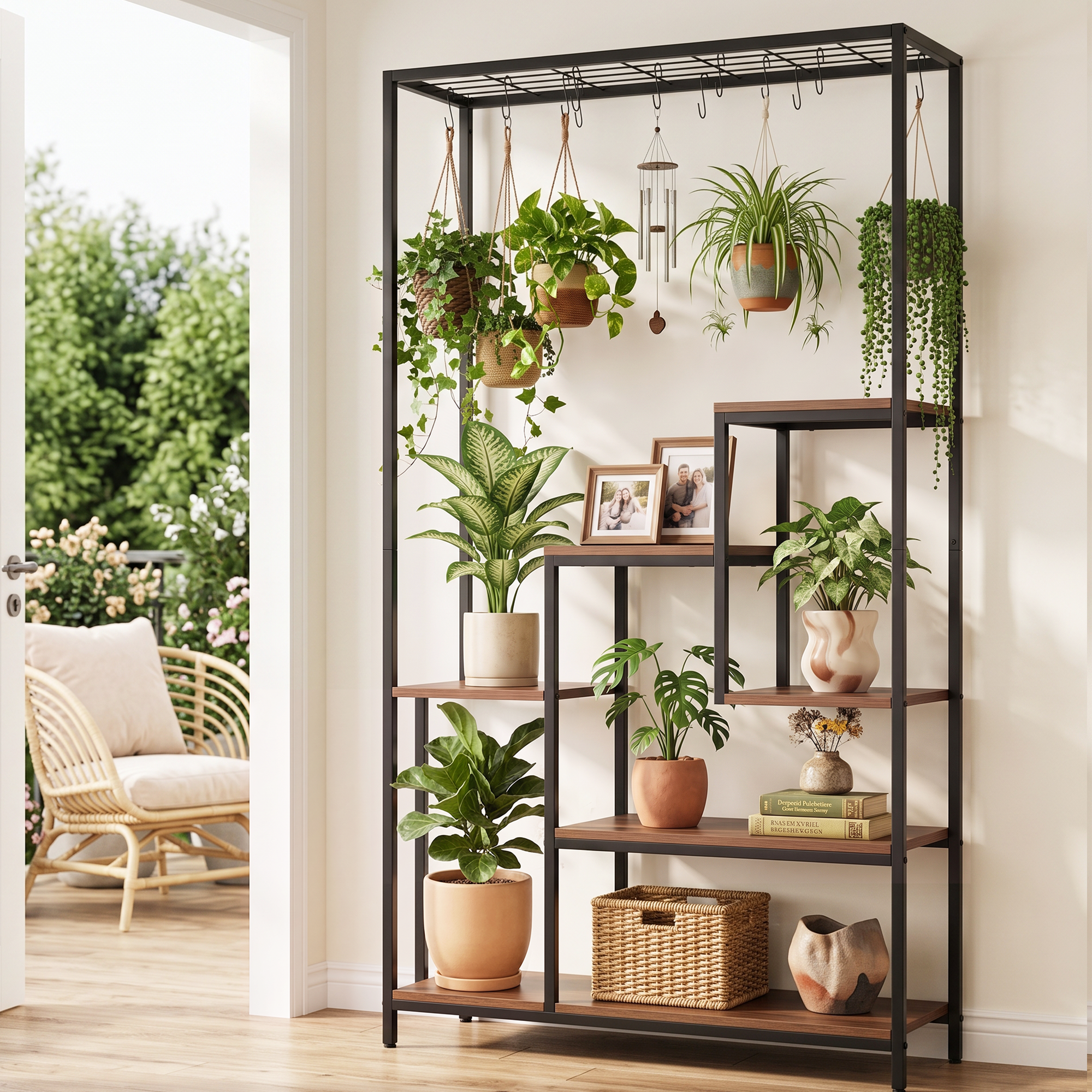 Artiss Tall Plant Stand Indoor, 6-Tier Pot Plant Shelf with Hanging Hooks, Metal & Wooden Flower Holder, Large Tiered Display Rack for Patio Garden Balcony Living Room, Indoor Outdoor Use Bedworld