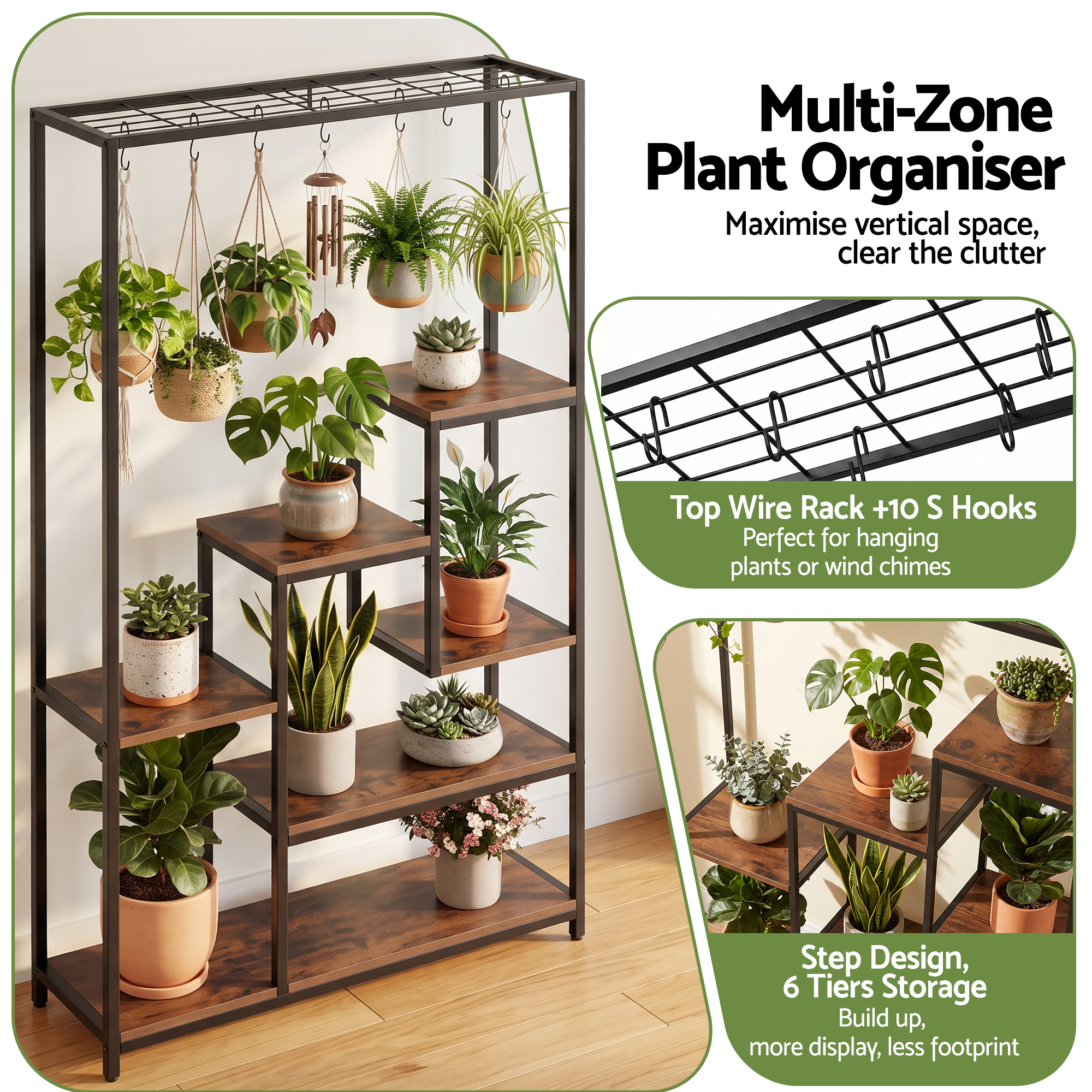 Artiss Tall Plant Stand Indoor, 6-Tier Pot Plant Shelf with Hanging Hooks, Metal & Wooden Flower Holder, Large Tiered Display Rack for Patio Garden Balcony Living Room, Indoor Outdoor Use Bedworld