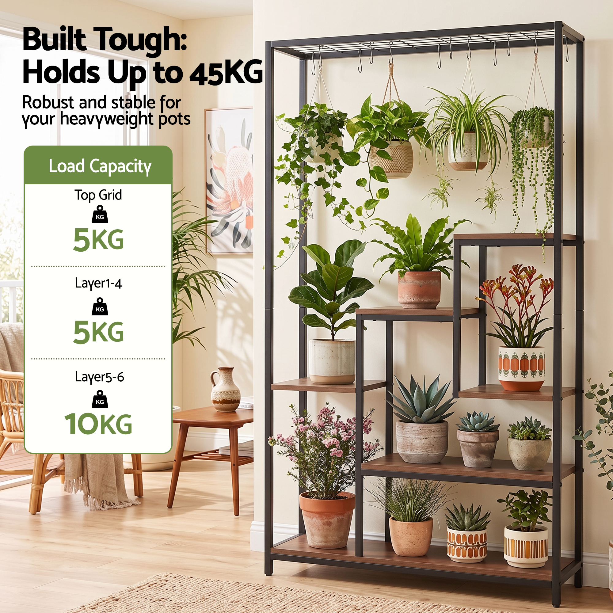 Artiss Tall Plant Stand Indoor, 6-Tier Pot Plant Shelf with Hanging Hooks, Metal & Wooden Flower Holder, Large Tiered Display Rack for Patio Garden Balcony Living Room, Indoor Outdoor Use Bedworld