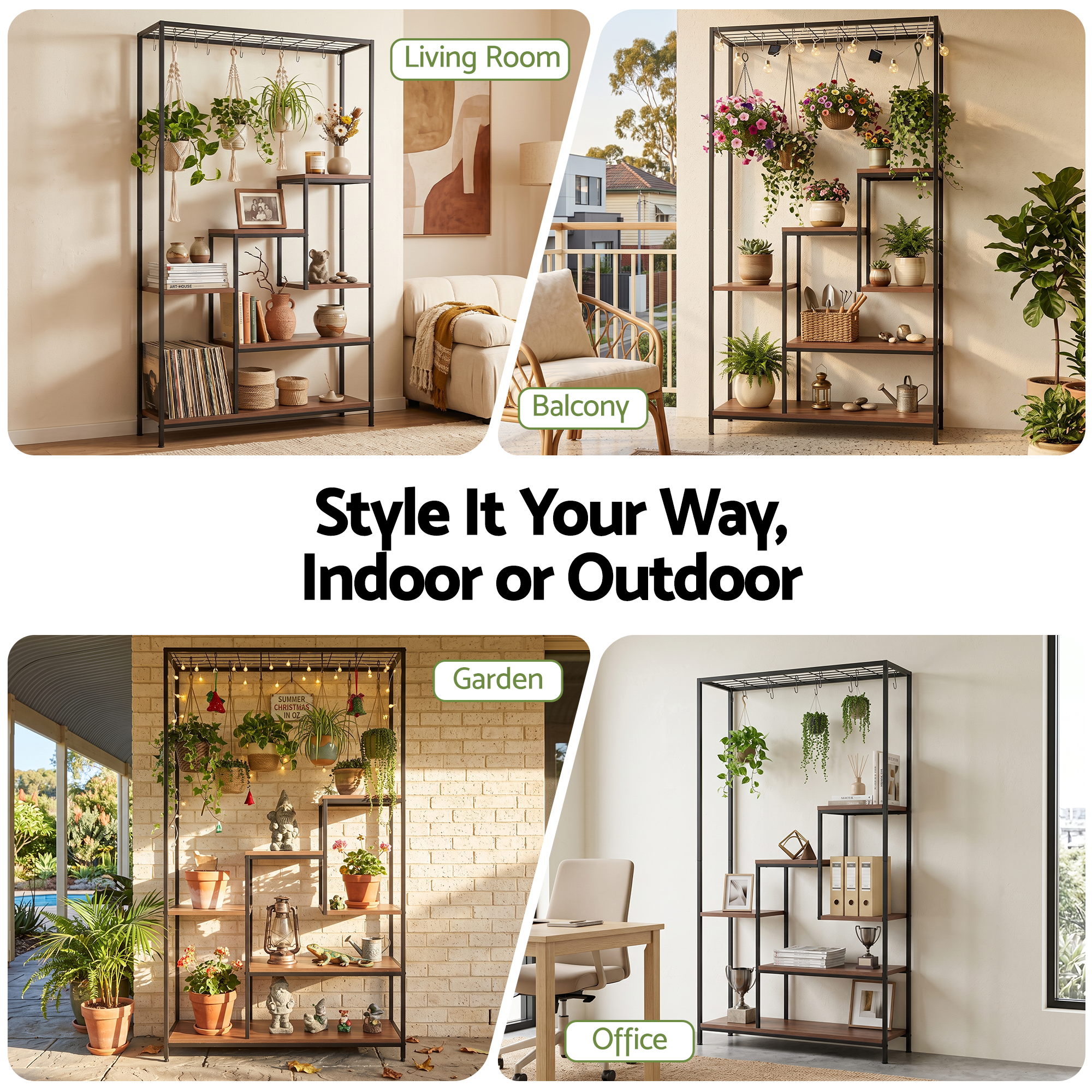 Artiss Tall Plant Stand Indoor, 6-Tier Pot Plant Shelf with Hanging Hooks, Metal & Wooden Flower Holder, Large Tiered Display Rack for Patio Garden Balcony Living Room, Indoor Outdoor Use Bedworld