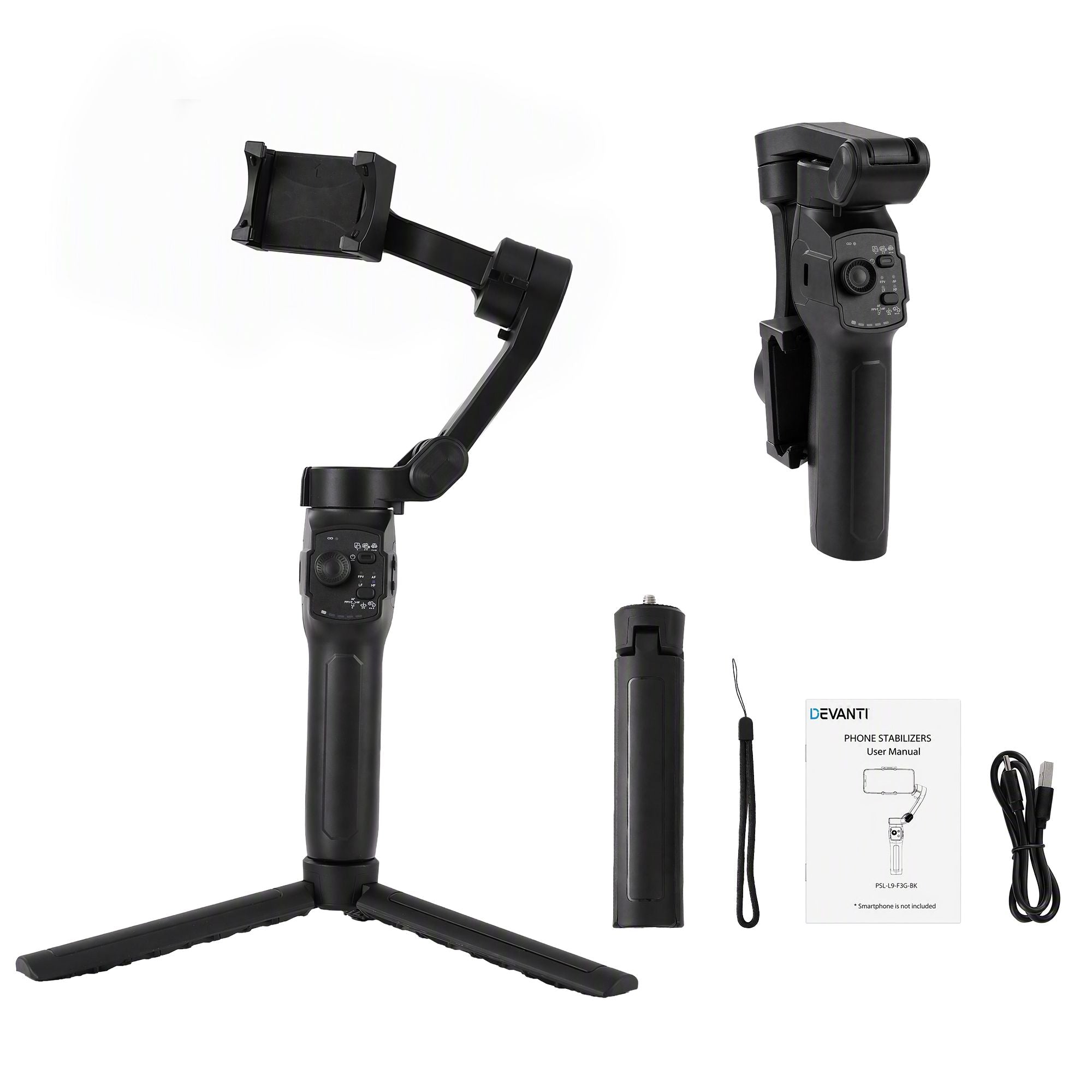 Devanti 3-Axis Gimbal Stabilizer with Tripod for Smartphone, Foldable Selfie Stick Bedworld