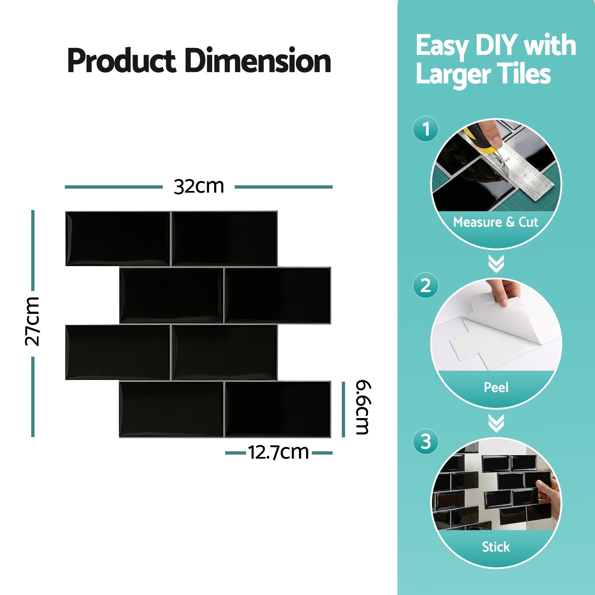 Artiss 3D Peel and Stick Wall Tiles Self Adhesive Subway Backsplash 10 Sheets, Black Bedworld