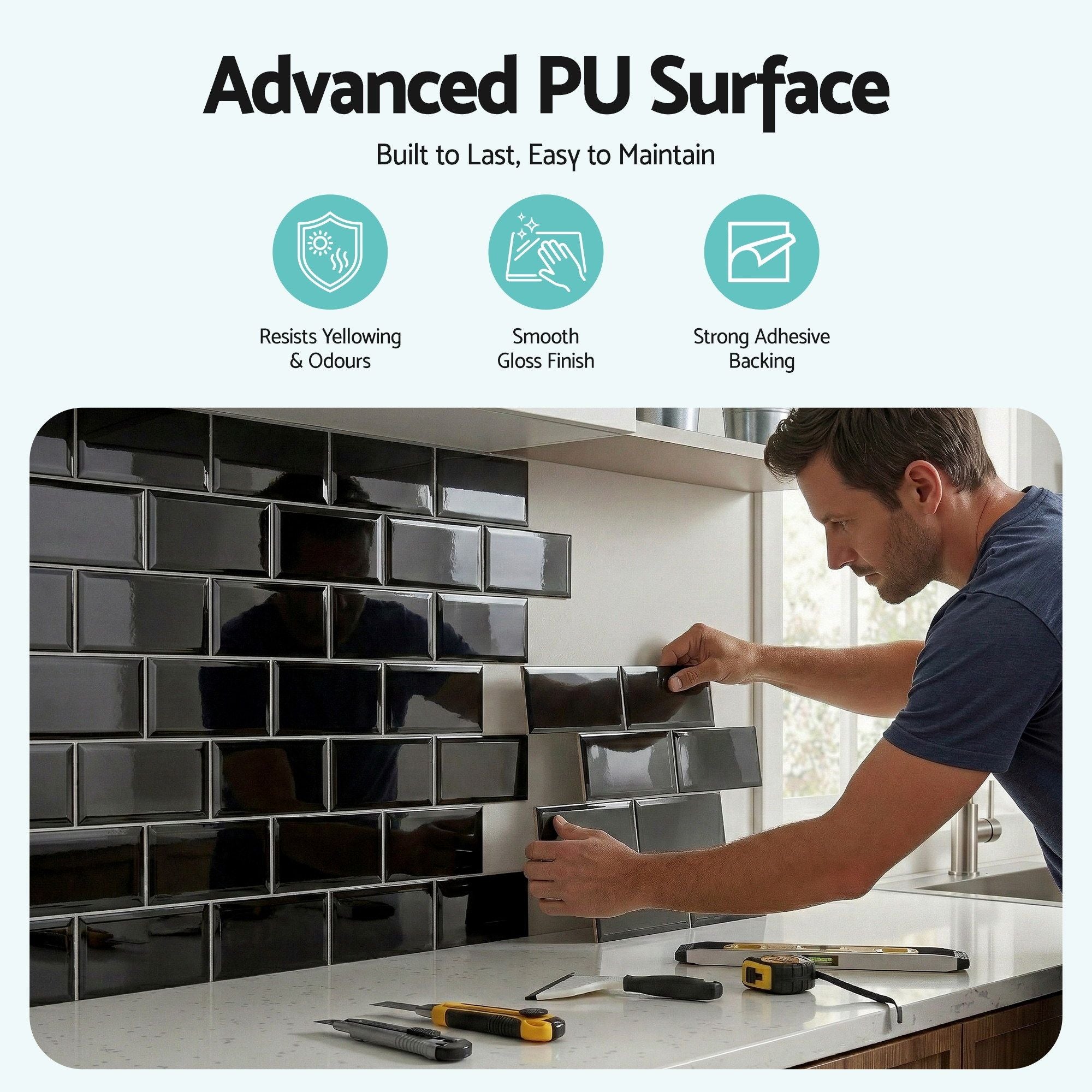 Artiss 3D Peel and Stick Wall Tiles Self Adhesive Subway Backsplash 10 Sheets, Black Bedworld