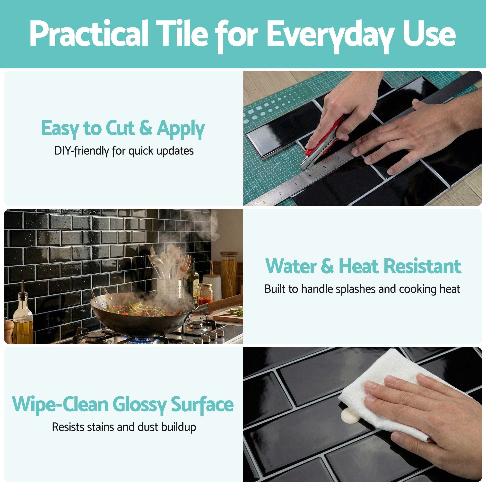 Artiss 3D Peel and Stick Wall Tiles Self Adhesive Subway Backsplash 10 Sheets, Black Bedworld