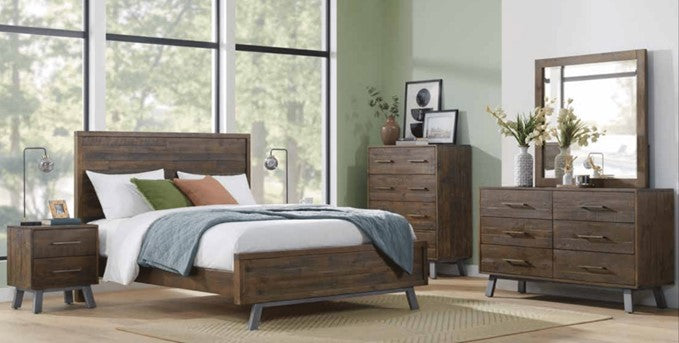 Rustic Patterson wood bedroom suite in Heritage Wharf stain, featuring a paneled headboard and footboard with sleek metal legs. Available in Queen and King sizes.