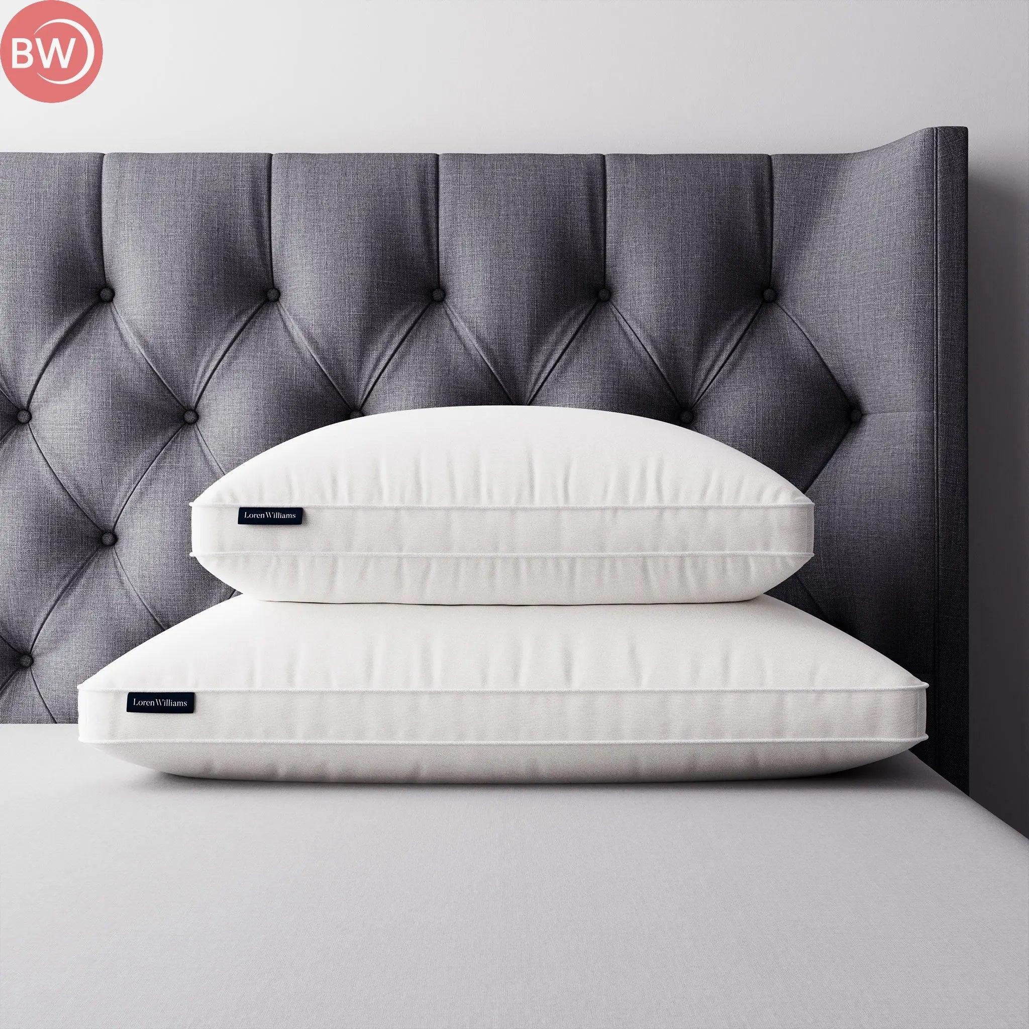 Luxury pocket pillow set, two white pillows with stitched edges and side labels