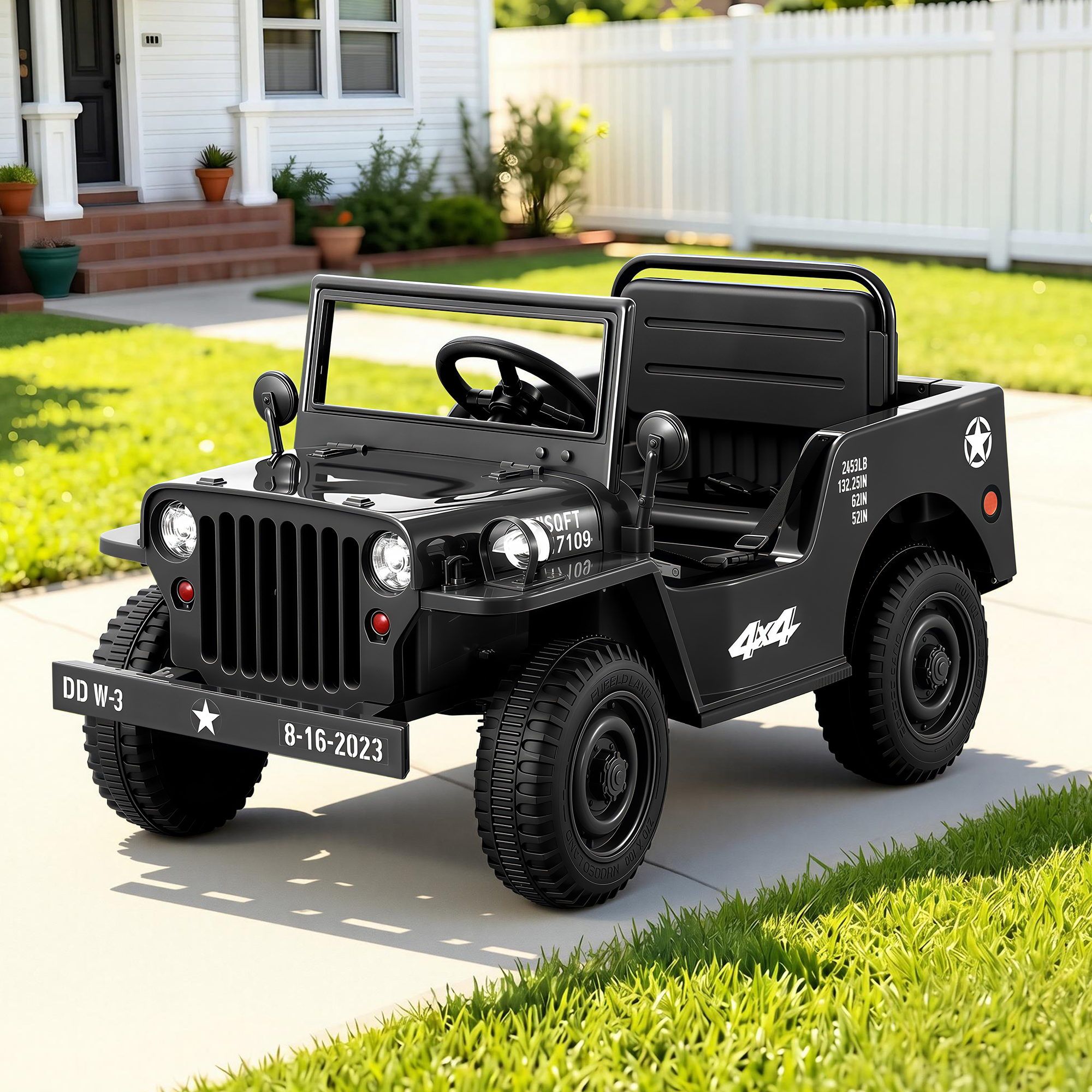 Black kids electric ride-on jeep with open cabin, steering wheel, and front headlights