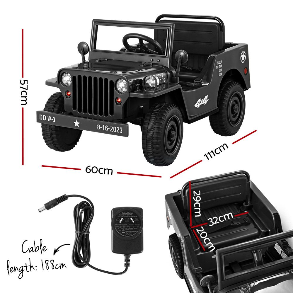 Black ride-on jeep with open cabin, rear cargo bed, remote control and charging cable